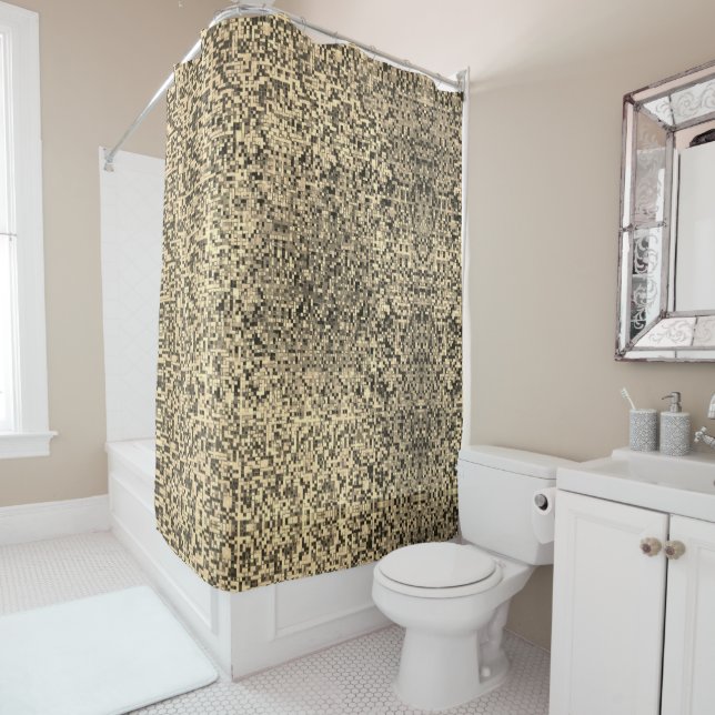 Blurred small squares or tiles in beige or khaki shower curtain (In Situ)