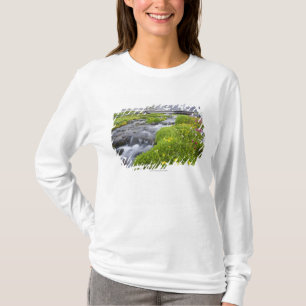 Blurry River with Yellow White Pink Wildflowers T-Shirt