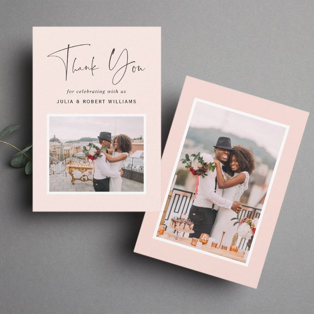 Blush | 2 Photo Modern Calligraphy Wedding Thank Y Thank You Card (Front & Back)