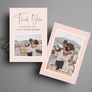 Blush   2 Photo Modern Calligraphy Wedding Thank Y You Card