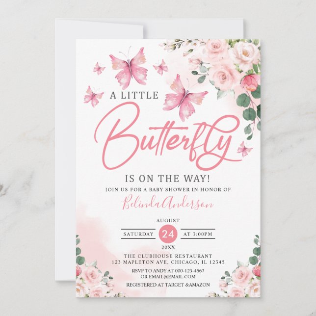 Blush A Little Butterfly is on The Way Baby Shower Invitation (Front)