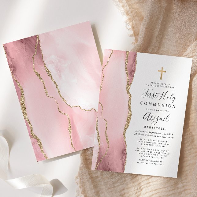  Blush Agate Gold Glitter First Holy Communion Invitation (Creator Uploaded)