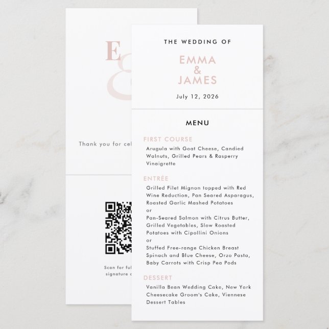 Blush Ampersand Wedding | QR Code | Elegant Menu (Front/Back)