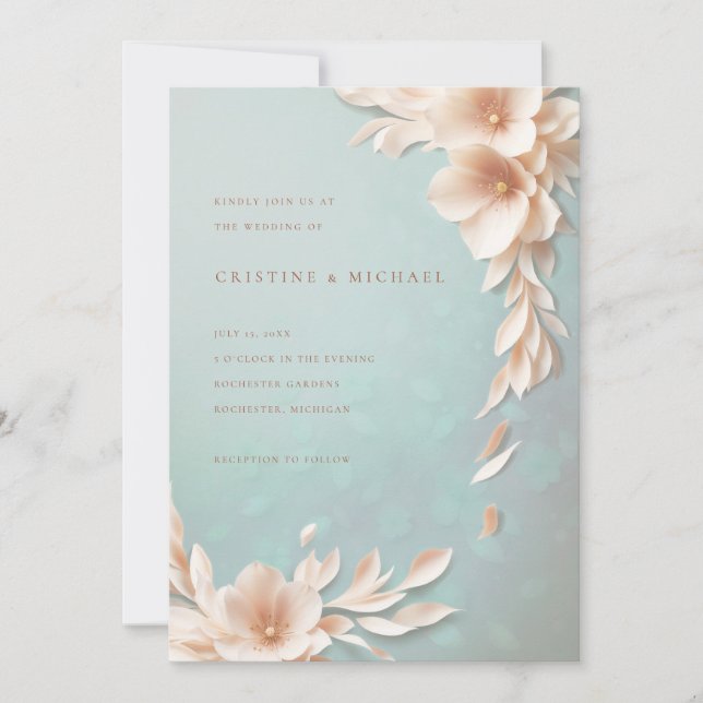 blush and aqua 3d floral wedding invitation (Front)