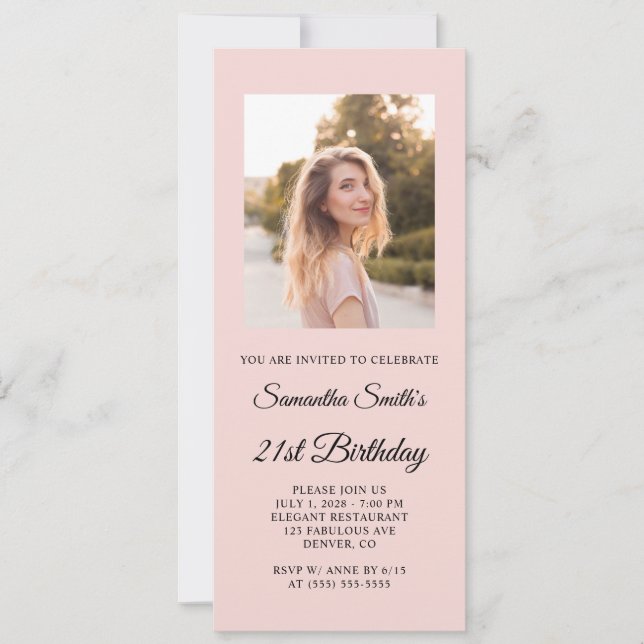 Blush and Black Elegant Script 21st Birthday Photo Invitation (Front)