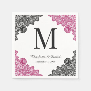 Blush and Black Floral Lace Monogram Wedding Napkin