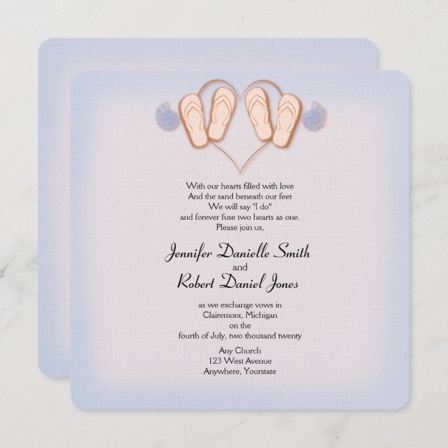 Blush and Blue Flip Flops Beach Wedding Invitation (Front/Back)