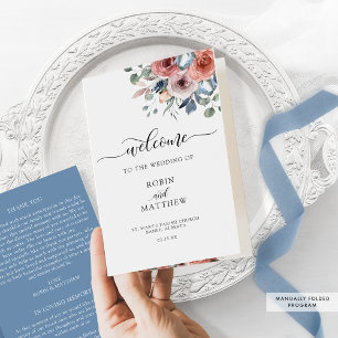 Blush and Blue Floral Folded Wedding Program