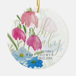 Blush And Blue Spring Watercolor Flowers Ceramic Tree Decoration