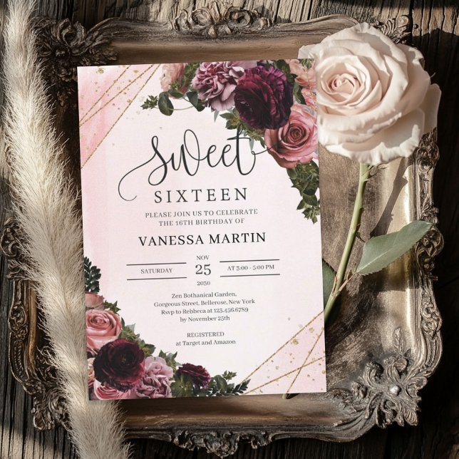 Blush and burgundy floral corners Sweet sixteen Invitation (Blush and burgundy floral corners Sweet sixteen Invitation)