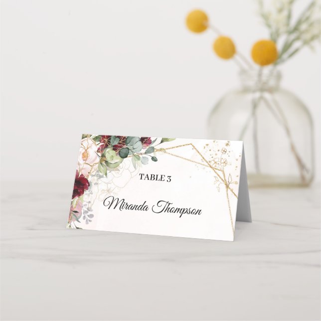 Blush and burgundy floral eucalyptus gold frame place card (Front)