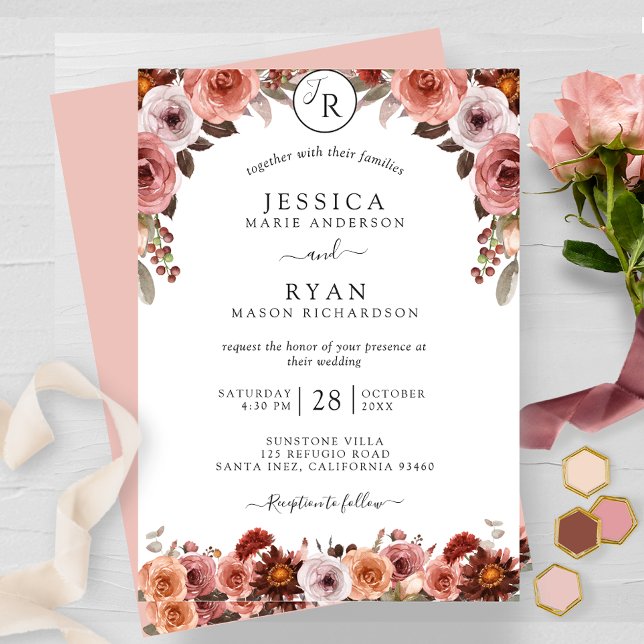 Blush and Burgundy, Monogram Floral Wedding Invitation (Creator Uploaded)
