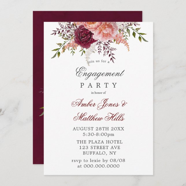 Blush And Burgundy Peonies Engagement Party Invitation (Front/Back)