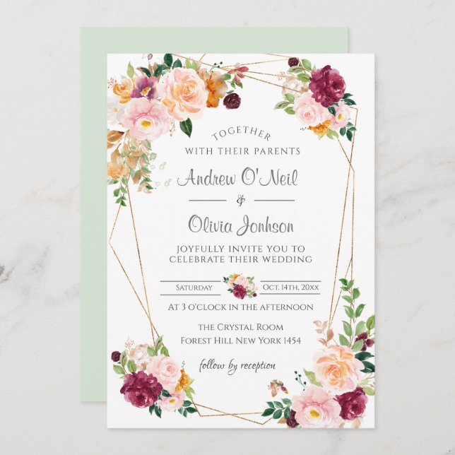 Blush And Burgundy Roses Wedding Invitation  (Front/Back)