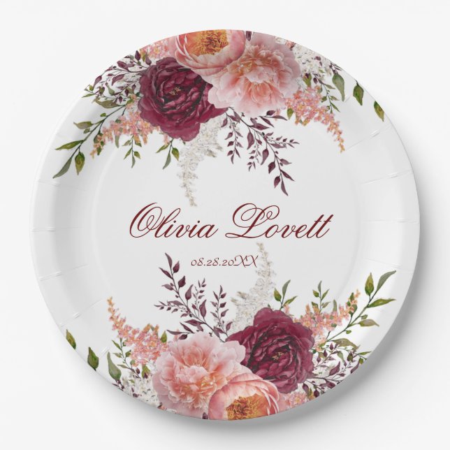 Blush and Burgundy Watercolor Peony Bridal Shower  Paper Plate (Front)