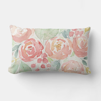 Blush and Coral Watercolor Flower Lumbar Cushion