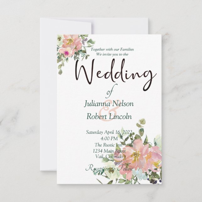 Blush and eggshell watercolor floral wedding invit invitation (Front)