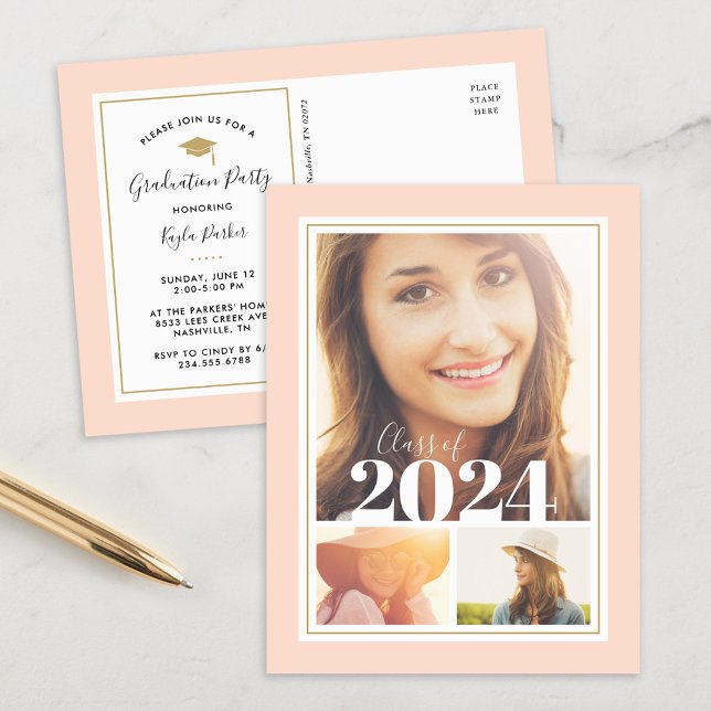 Blush and Gold 3 Photo Graduation Party Invitation (Creator Uploaded)