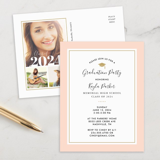 Blush and Gold 3 Photo Graduation Party Invitation (Creator Uploaded)