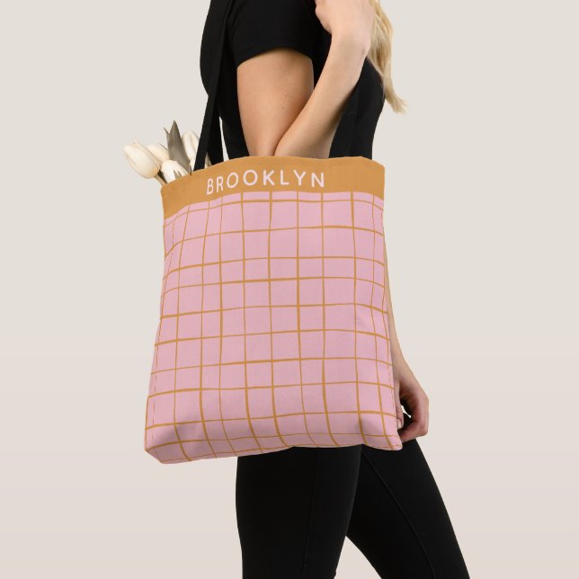 Blush and Gold Abstract Grid Lines Personalised Tote Bag (Close Up)
