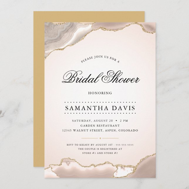 Blush and Gold Agate Elegant Bridal Shower Invitation (Front/Back)
