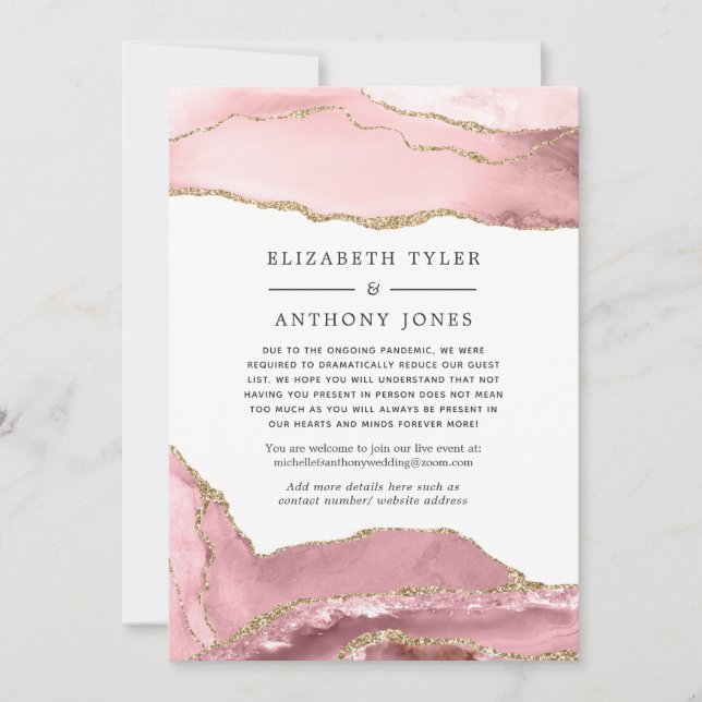 Blush and Gold Agate Reduced Wedding Guest List Announcement (Front)