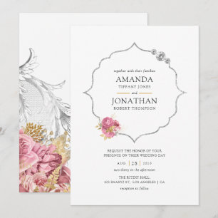 Blush and Gold and Silver Floral Diamond Wedding Invitation