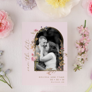 Blush and Gold Arch Wildflowers Photo Save The Date
