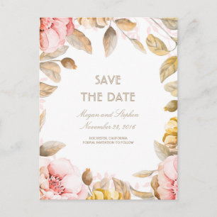 Blush and Gold Floral Watercolors Save the Date Announcement Postcard