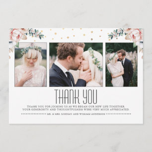 Blush and Gold Floral Wedding Thank You Photo Card