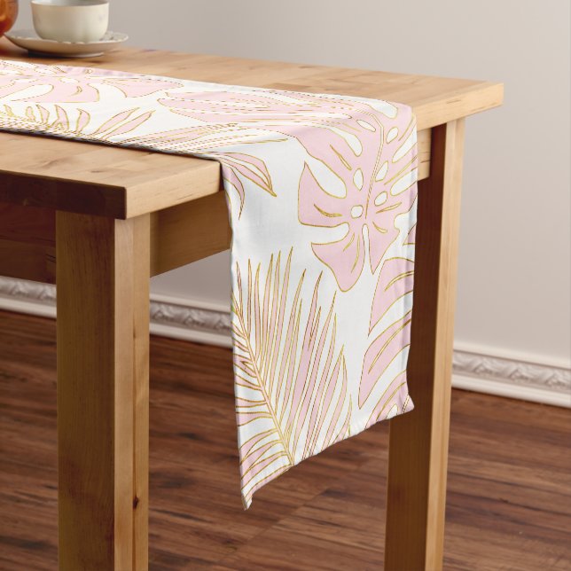 Blush and gold palm and monstera tropical leaves short table runner (In Situ)