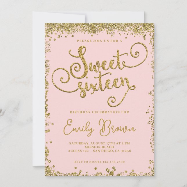 blush and gold sweet 16 invitation (Front)