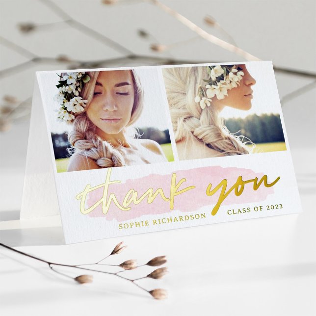 Blush and Gold Two Photo | Graduate Thank You Foil Greeting Card (Creator Uploaded)