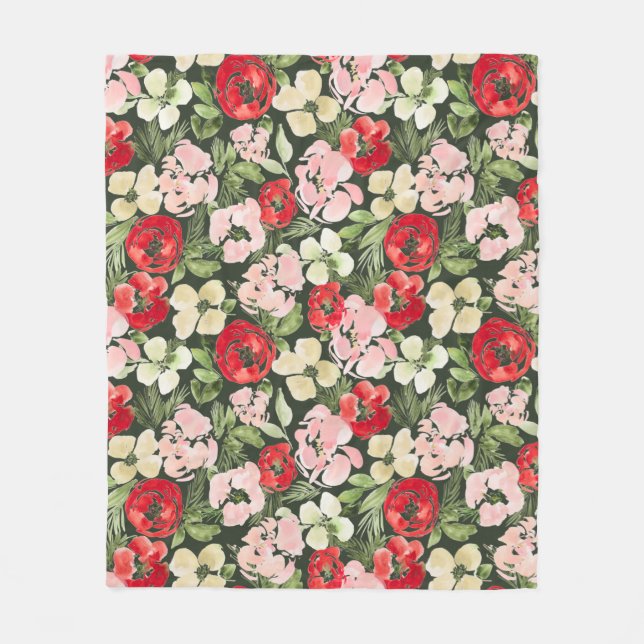 Blush and green Christmas Watercolor Flowers Dark  Fleece Blanket (Front)