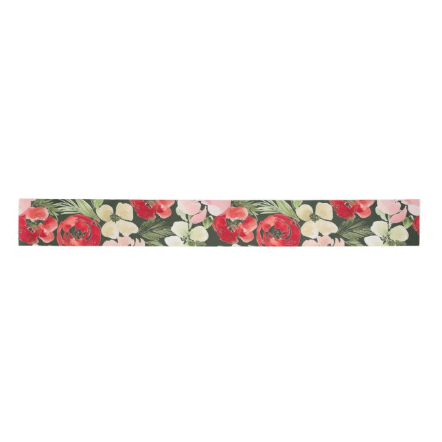 Blush and green Christmas Watercolor Flowers Dark Satin Ribbon (Front)