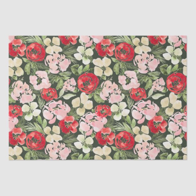 Blush and green Christmas Watercolor Flowers Dark Tissue Paper (Front)