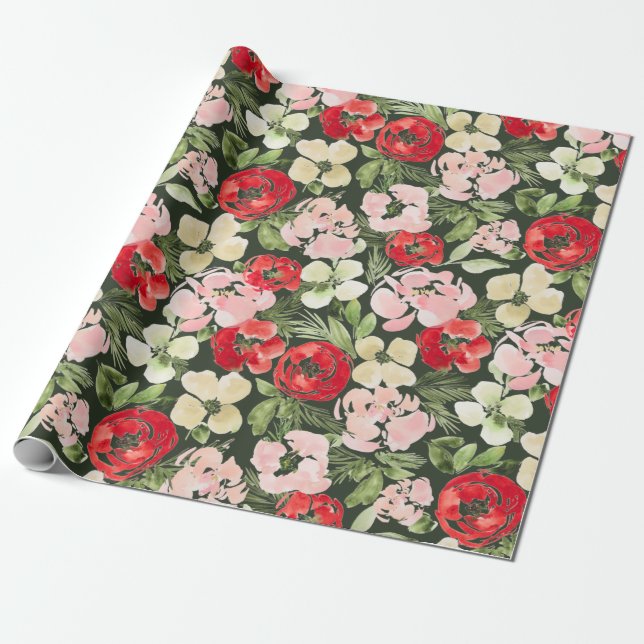 Blush and green Christmas Watercolor Flowers Dark Wrapping Paper (Unrolled)