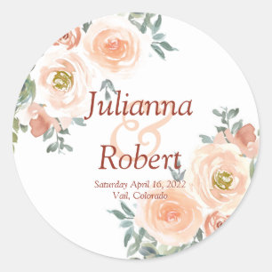 Blush and green watercolor floral wedding classic round sticker