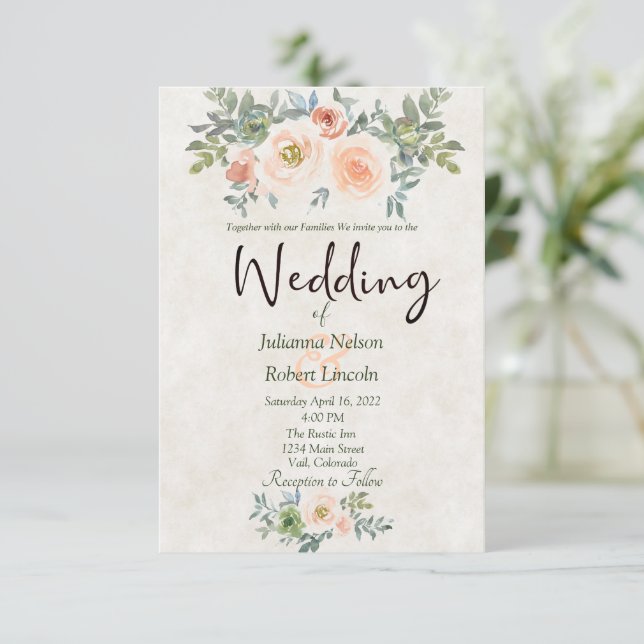 Blush and green watercolor floral wedding invitati invitation (Standing Front)