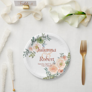 Blush and green watercolor floral  wedding  paper  plate