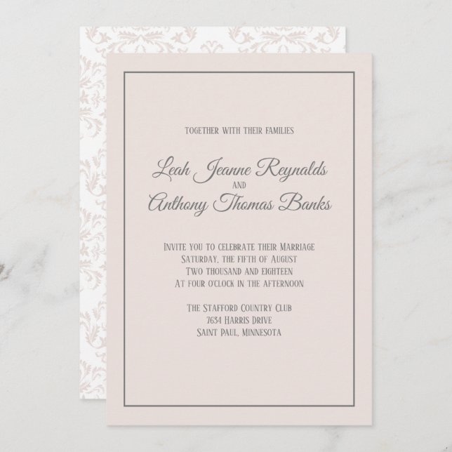 Blush and Grey Damask Elegant Formal Wedding Invitation (Front/Back)