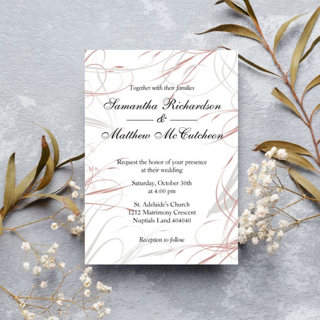 Blush and Grey Flourishes Wedding Invitation (Creator Uploaded)