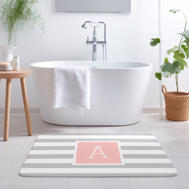 Blush and Grey Stripes Monogram | Editable Colours Bath Mat (Creator Uploaded)