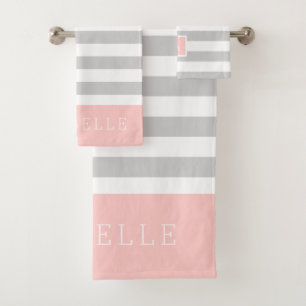 Blush and Grey Stripes Monogram Editable Colours Bath Towel Set