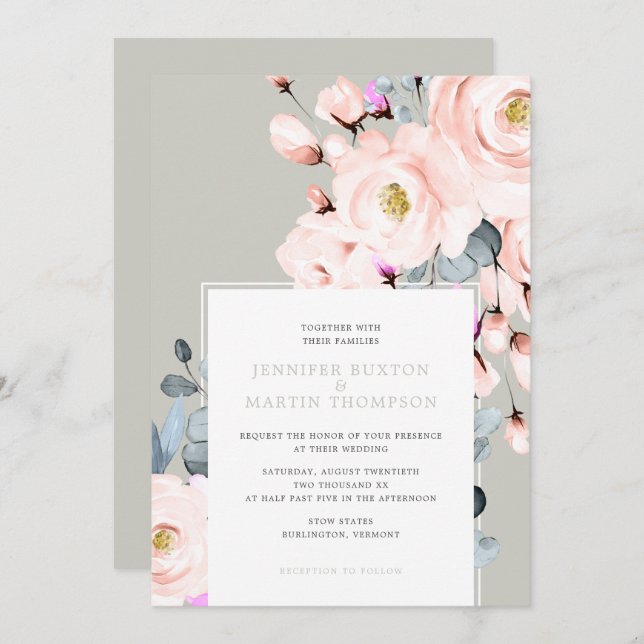 Blush and Grey Watercolor Floral Wedding Invitation (Front/Back)
