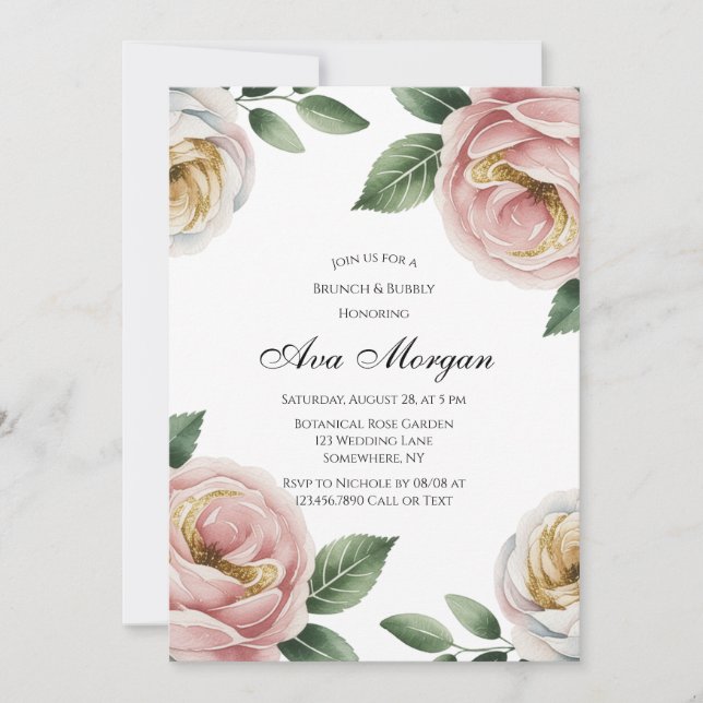 Blush and Ivory Rose Floral Brunch & Bubbly Invitation (Front)
