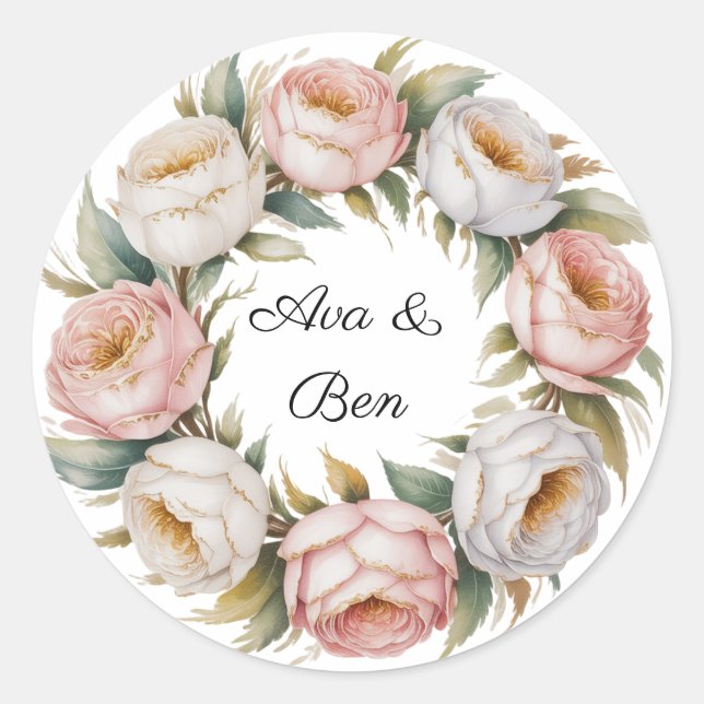Blush and Ivory Rose Floral Wreath Wedding Classic Round Sticker (Front)