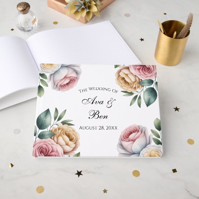 Blush and Ivory Rose Floral Wreath Wedding Guest Book (Front Open)