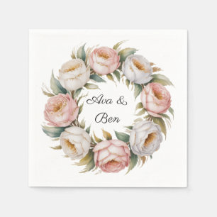 Blush and Ivory Rose Floral Wreath Wedding Napkin
