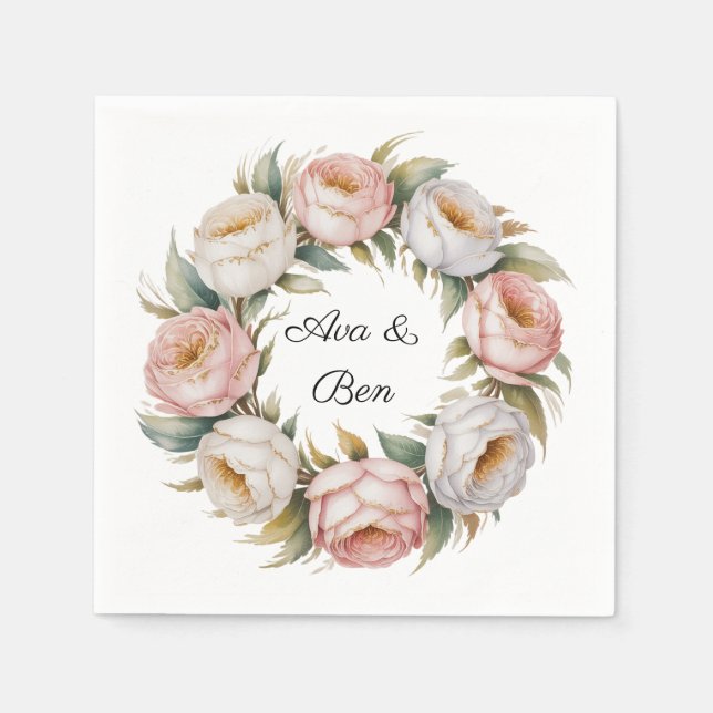 Blush and Ivory Rose Floral Wreath Wedding Napkin (Front)